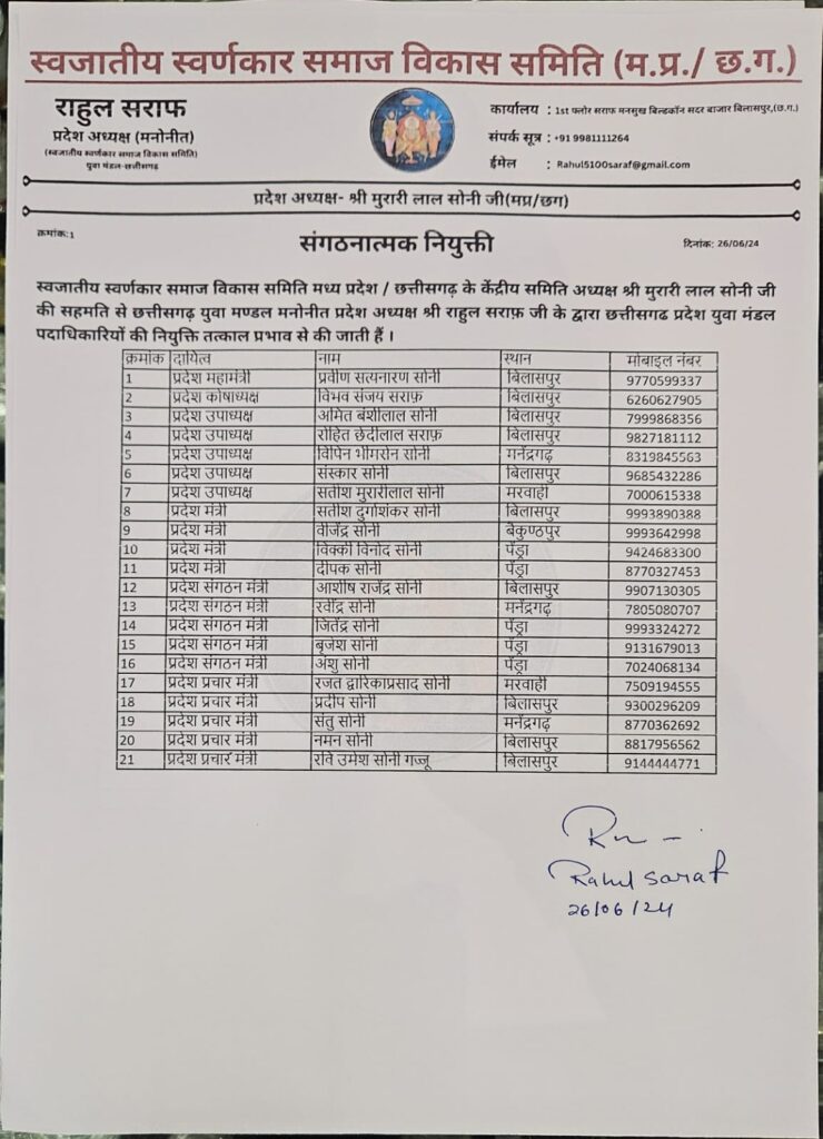 स्वजातीय स्वर्णकार समाज विकास समिति के प्रांतीय पदाधिकारियों की घोषणा, युवा मण्डल के प्रदेश अध्यक्ष राहुल सराफ ने सभी को दी बधाई